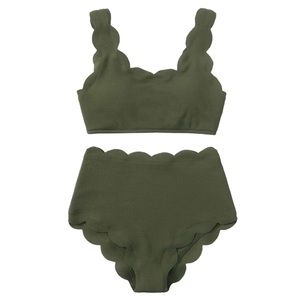 New✨ Army Green Scalloped Trim High-Waisted Bikini